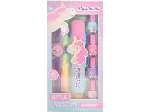 MARTINELIA Little Unicorn kosmetikset med klocka och manikyrset, 4 nagellack, 1 nagelfil, 1 läppglans, 1 läppglans med klocka