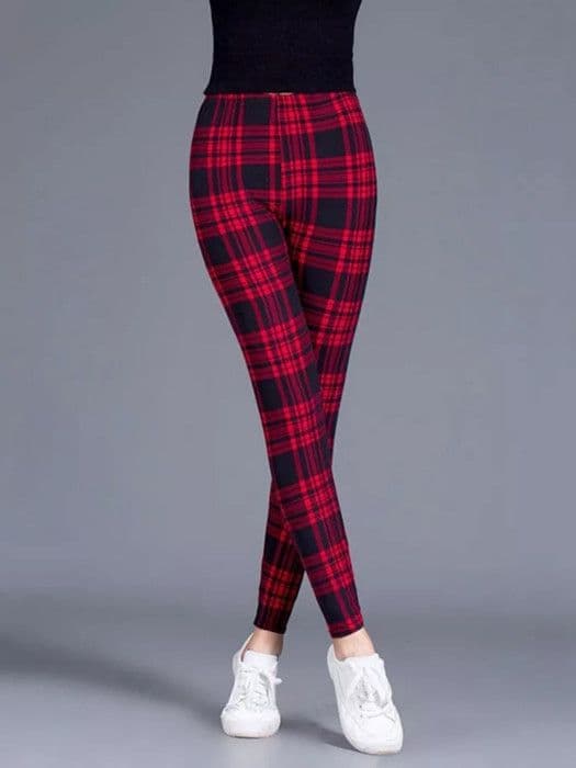 Toxic HAKCI - Fitnessleggings för kvinnor, blyertspants, skotsk mönster, sexig, slim, push-up, midja - Khaki vit rutigt