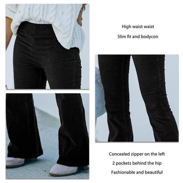 Kvinnor utsvängda byxor hög midja 2 fickor ren färg kvinnor slim fit byxor för höst vinter svart L