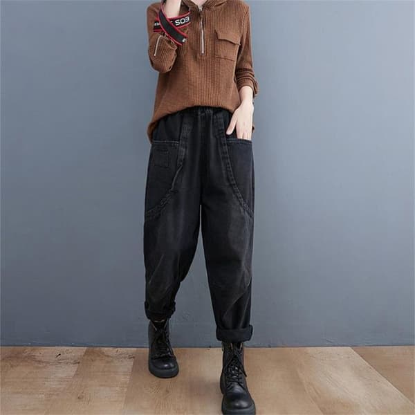 Jeans dam hög midja harem retro rak slimming dubbla fickor svart