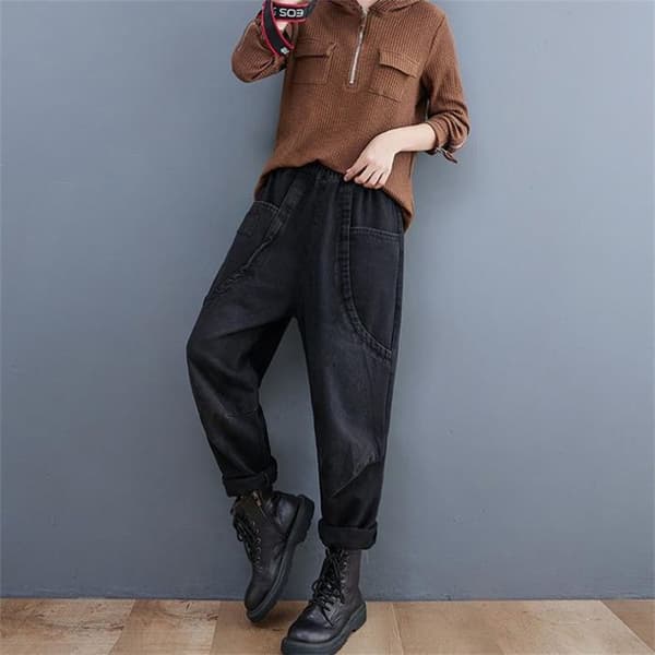 Jeans dam hög midja harem retro rak slimming dubbla fickor svart