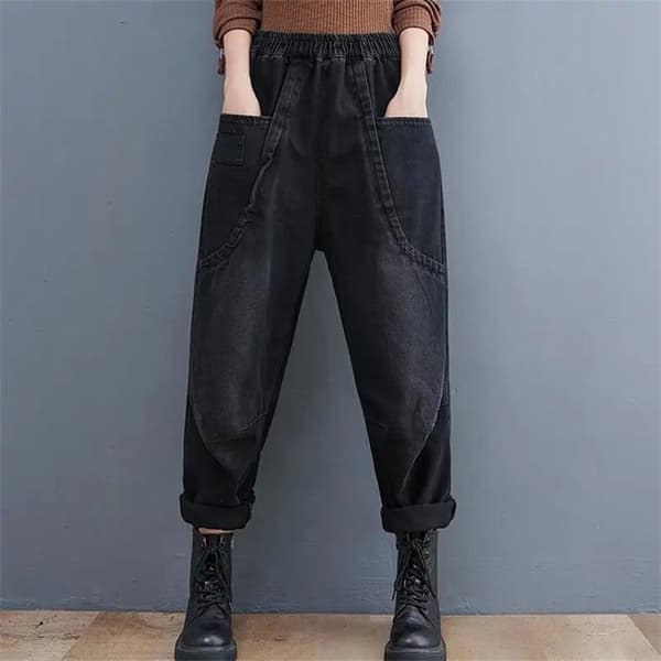 Jeans dam hög midja harem retro rak slimming dubbla fickor svart