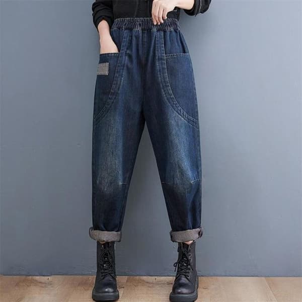 Jeans dam hög midja harem retro rak slimming dubbla fickor svart