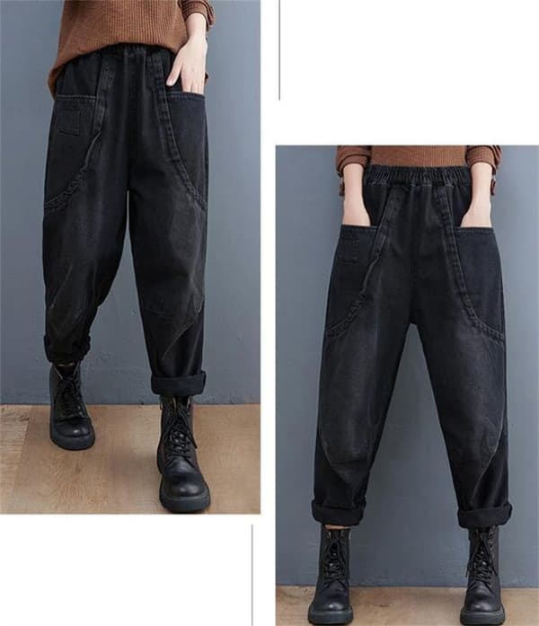 Jeans dam-Hög midja-Harem-Retro-Street-Rak-Blankt-Dubbla fickor-Blå