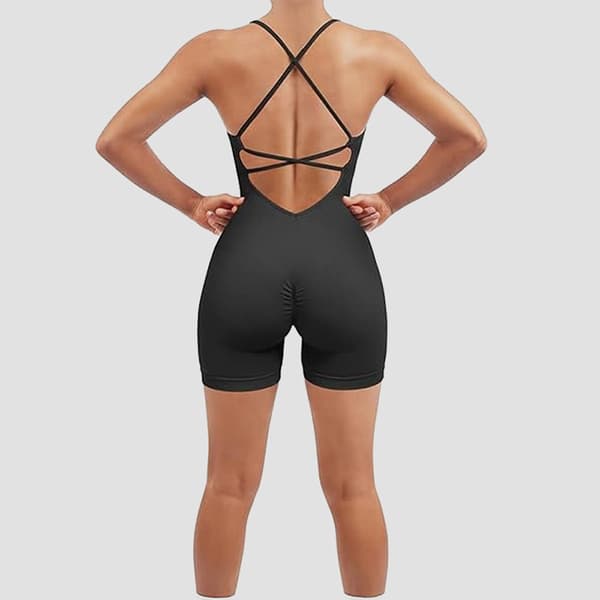 INF Sømløs rygfri bodysuit yoga jumpsuit - sort L