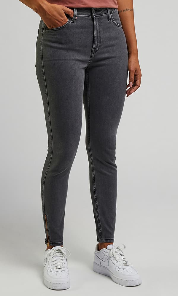 Lee SCARLETT HIGH ZIP Moody Grey HIGH GRAY TUBE BYXOR MED DRAGKEDJOR 7/8 W27 L29