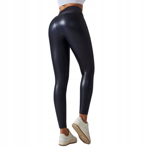 Leggings med hög midja, formande, ekologiskt läder, resår, push-up, svart, S