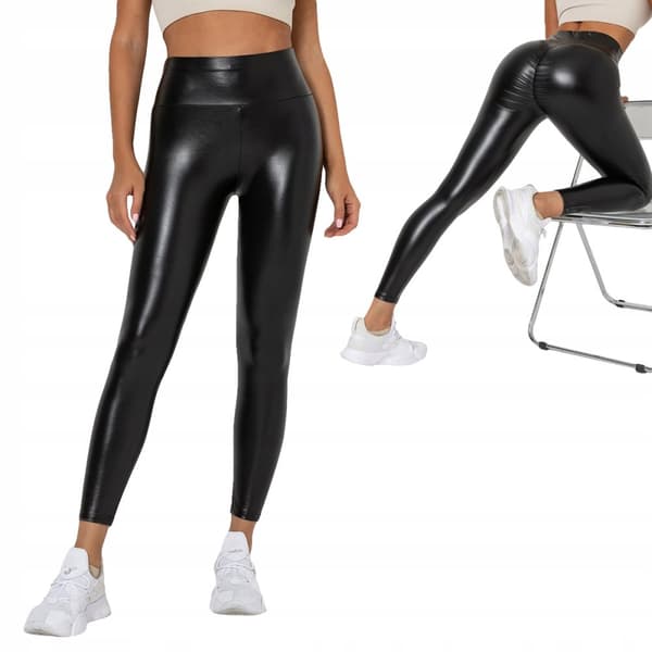 Leggings MODERIGE Højtaljede Formende ØKO LÆDER med Rynker SORT rS