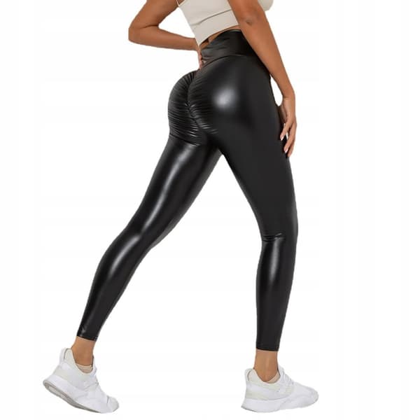 Leggings MODERIGE Højtaljede Formende ØKO LÆDER med Rynker SORT rS
