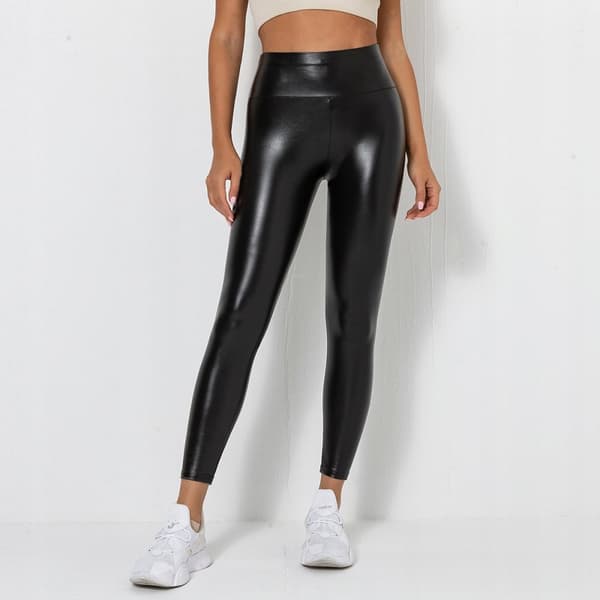 Leggings MODERIGE Højtaljede Formende ØKO LÆDER med Rynker SORT rS