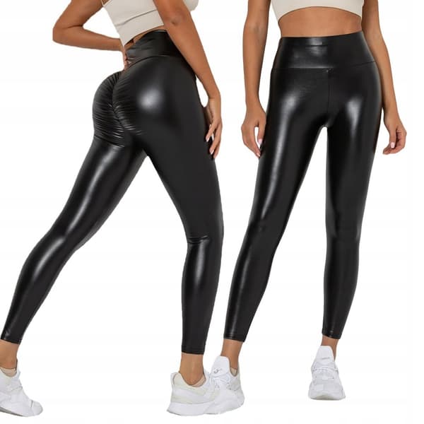 Leggings MODERIGE Højtaljede Formende ØKO LÆDER med Rynker SORT rS