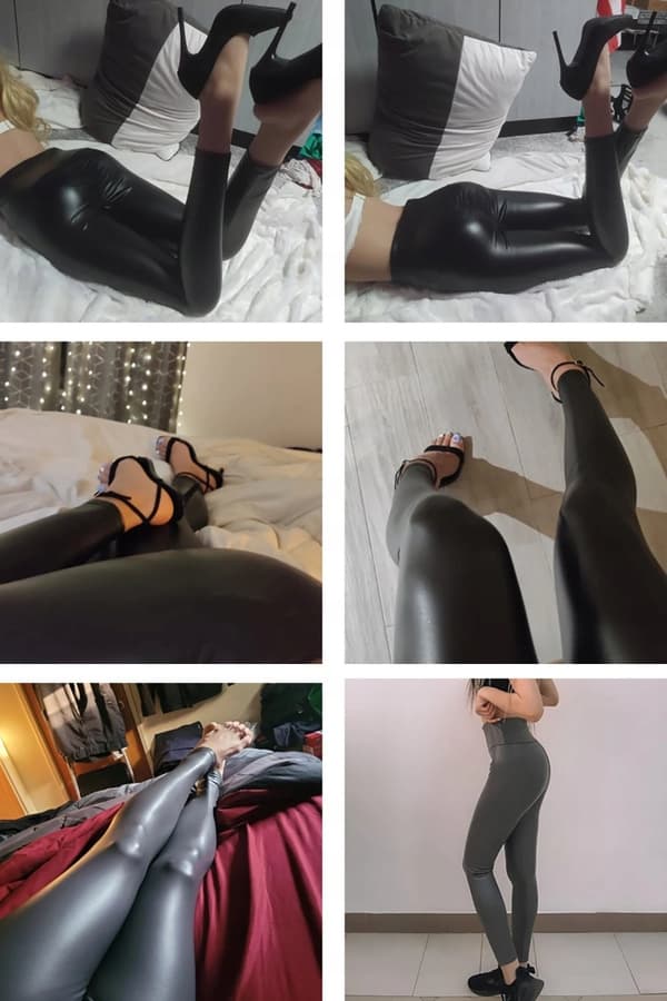 Leggings i modernt mönster med hög midja, formande, ekologiskt läder med rynkor, svart, storlek XXL