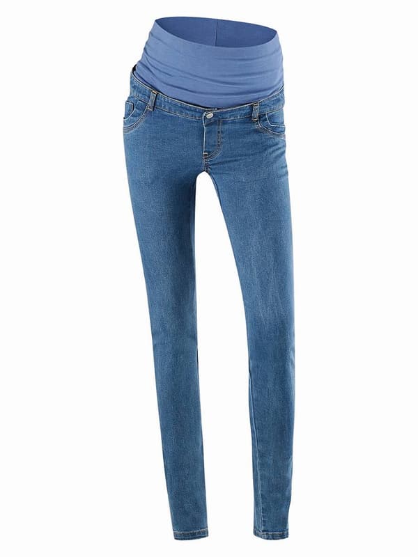 Blå jeans för gravida dam, navelnöt