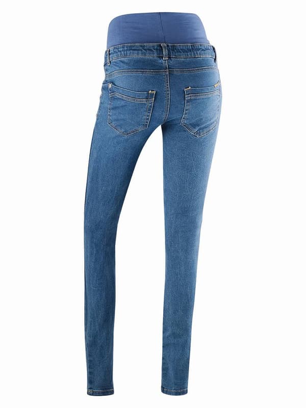 Blå jeans för gravida dam, navelnöt