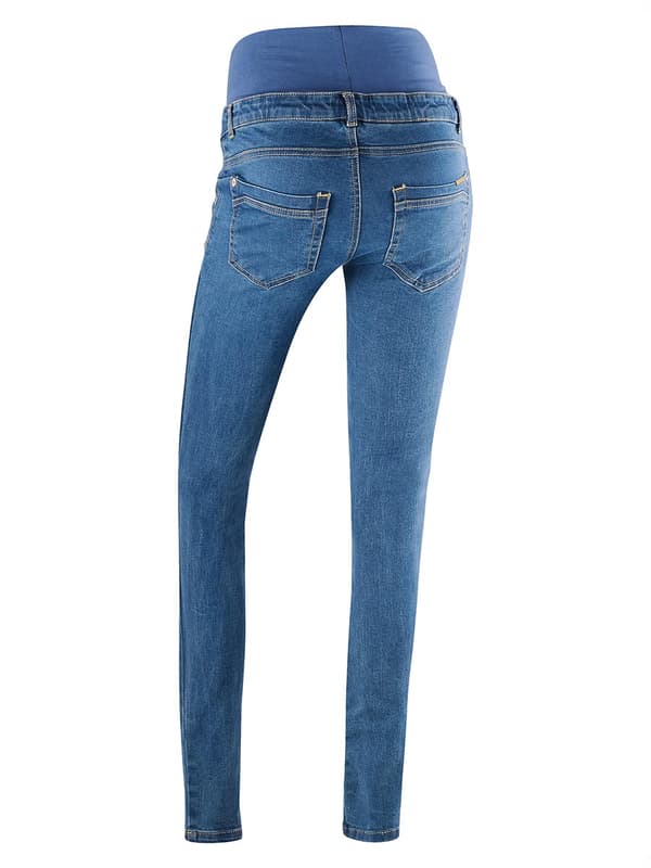 Blå jeans för gravida dam, navelnöt