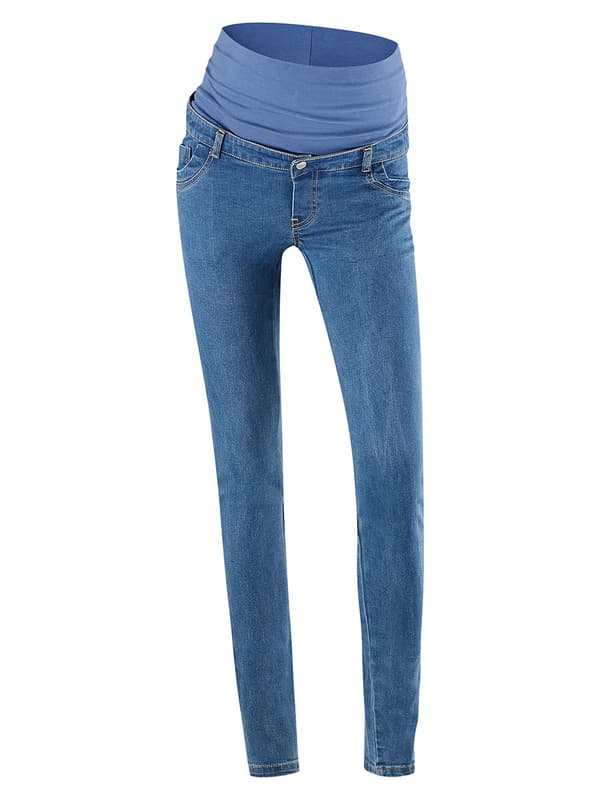 Blå jeans för gravida dam, navelnöt