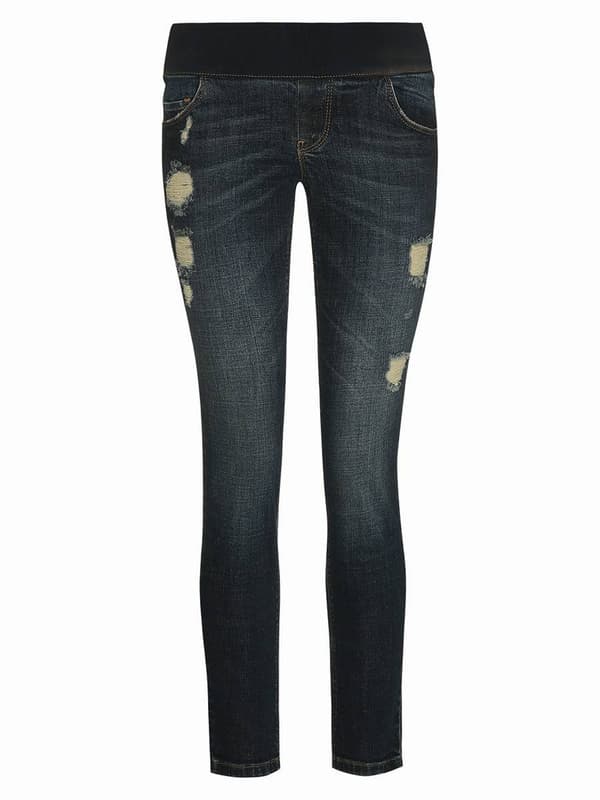 Blåa jeans med slitna navel för kvinnor, gravid