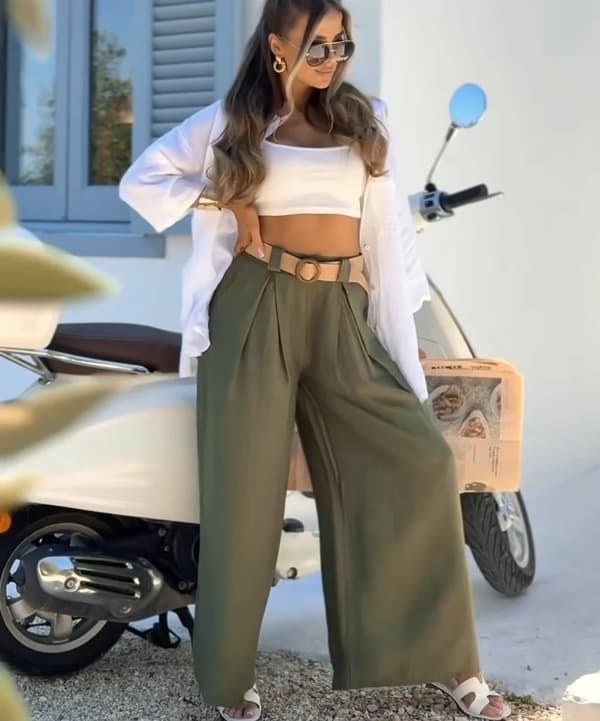 Agélii Fashion - Flytande utsvängda byxor med stråbälte - flera färger - one size 36-42