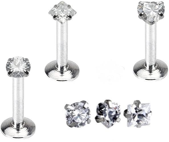 3 st Labret Piercing med sten, Kirurgiskt Stål.