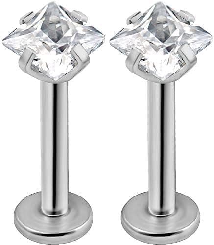 3 st Labret Piercing med sten, Kirurgiskt Stål, Fyrkat.