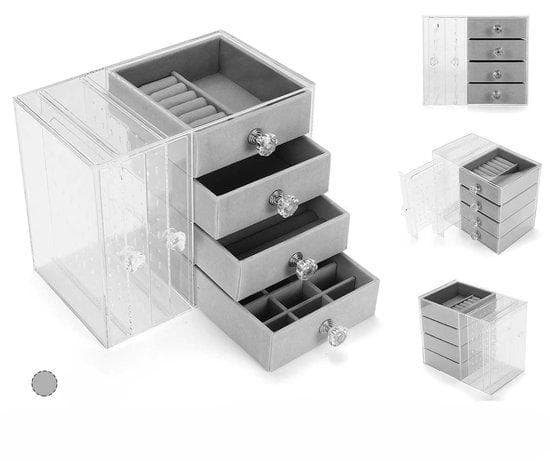 Smyckeslåda - med 4 lådor - smyckenhållare - smyckeslåda - smyckeslåda - arrangör för smycken - dammtät - grå