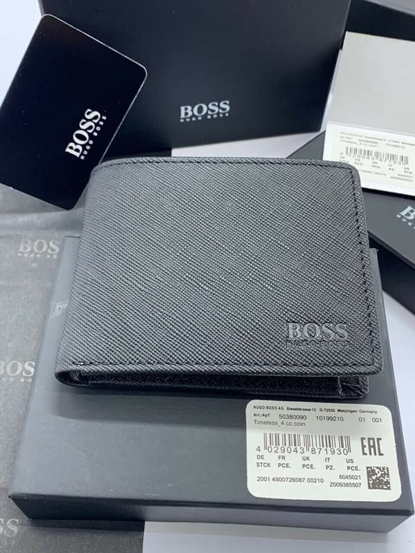 HUGO BOSS TIMELESS 4 CC COIN GENUINE MEN'S BLACK LEATHER WALLET