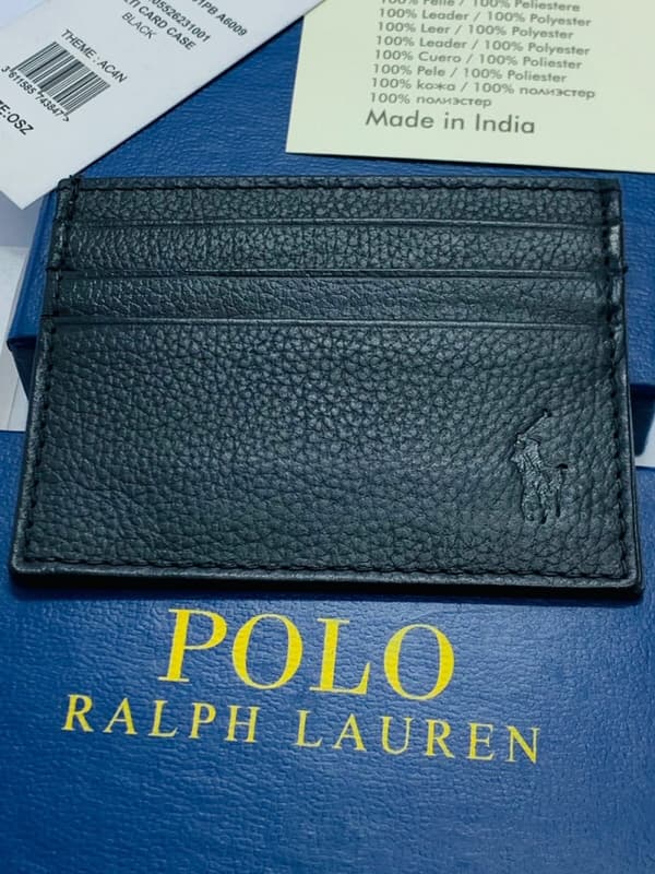 POLO RALPH LAUREN 7 SLOT BLACK PEBBLED LEATHER MENS CARDHOLDER