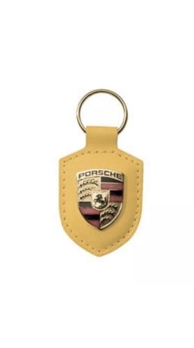 New Porsche Yellow Coloured Crested Leather Keyring Key Ring