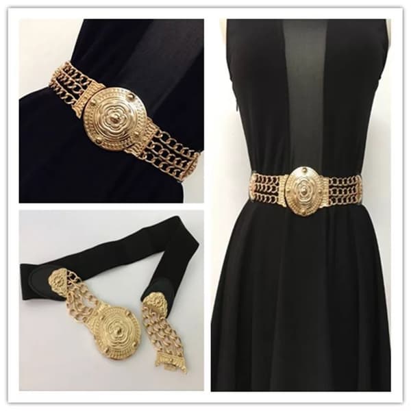 Vintage  Womens Gold Flower Metal Elastic Stretch Waistband Wide Belts Buckle UK