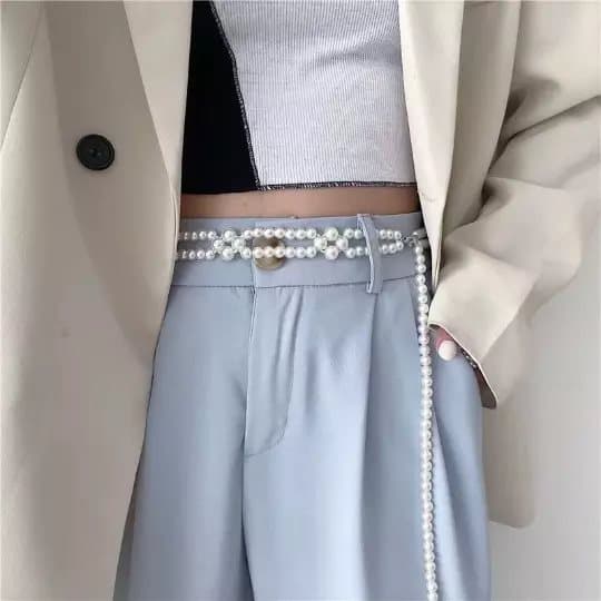 Clover Pearl Elastic Skinny Waist Chain Belt Women Dress Stretchable Waistband