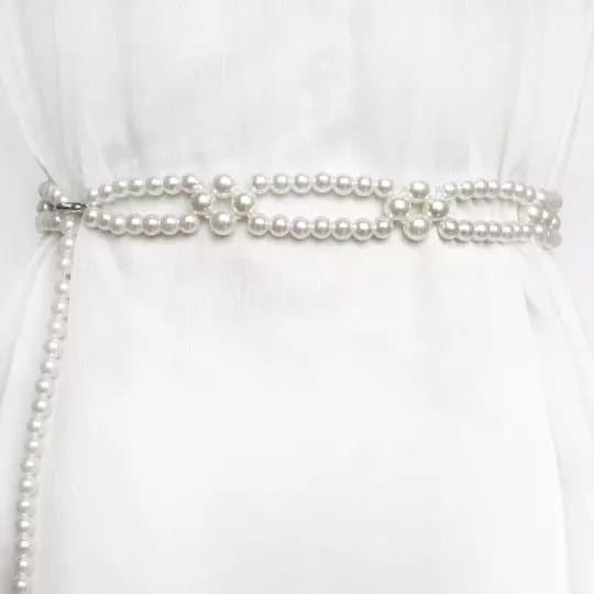 Clover Pearl Elastic Skinny Waist Chain Belt Women Dress Stretchable Waistband