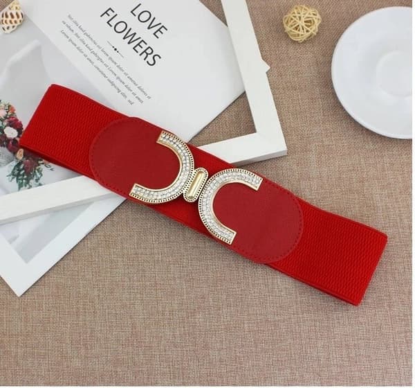 Women Ladies Wide Gold Crystal X Red Fashion Cinch Waist Belt Elastic Stretch UK