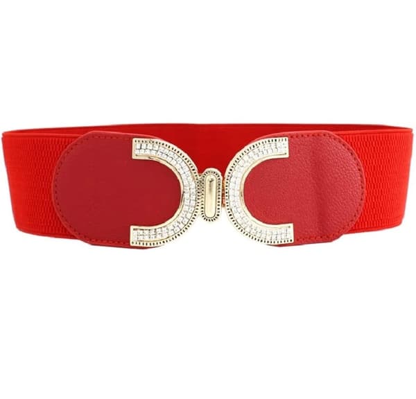 Women Ladies Wide Gold Crystal X Red Fashion Cinch Waist Belt Elastic Stretch UK