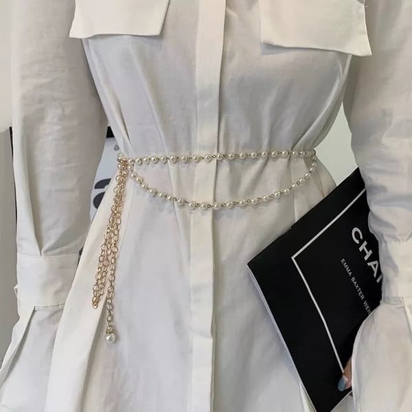 Double Pearl Ladies Waist Belt Fashion Gold Chain Belt Charm for Women Girls