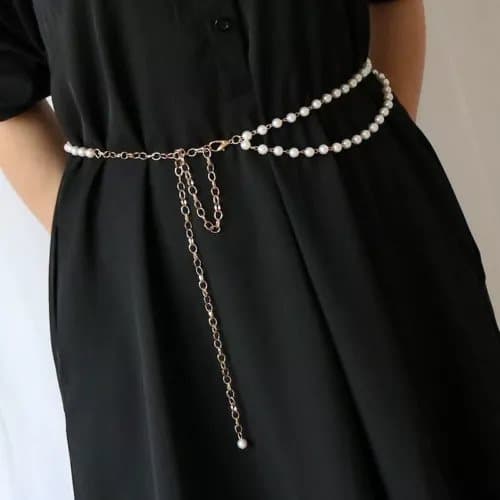 Double Pearl Ladies Waist Belt Fashion Gold Chain Belt Charm for Women Girls