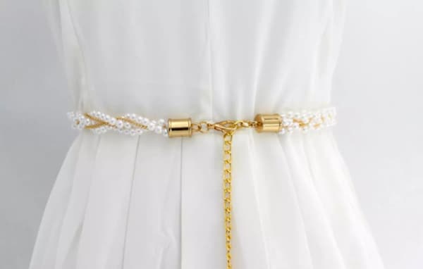 Women Ladies Twist Gold Pearl Vintage Waistband Metal Waist Chain Charm Belt UK