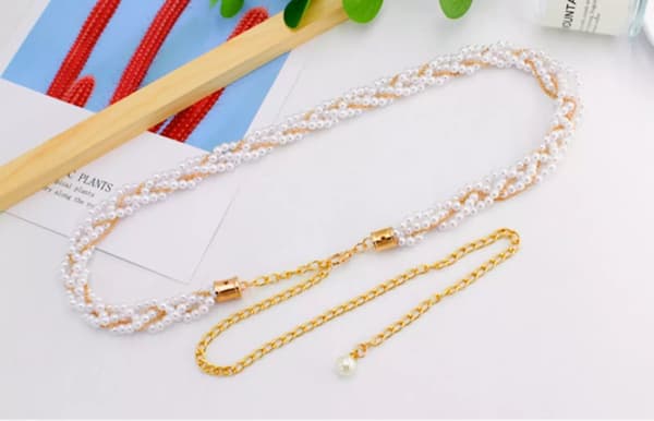 Women Ladies Twist Gold Pearl Vintage Waistband Metal Waist Chain Charm Belt UK