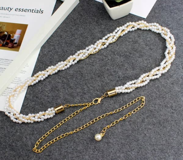 Women Ladies Twist Gold Pearl Vintage Waistband Metal Waist Chain Charm Belt UK