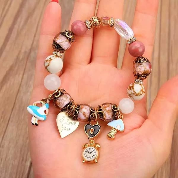 Gold Love heart Clock Mushroom Moonstone Stretch Bracelet Womens Girls Gifts UK