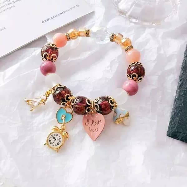 Gold Love heart Clock Mushroom Moonstone Stretch Bracelet Womens Girls Gifts UK