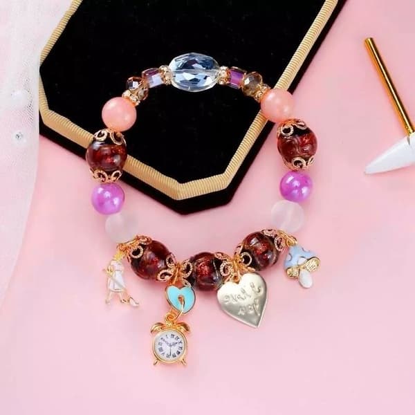 Gold Love heart Clock Mushroom Moonstone Stretch Bracelet Womens Girls Gifts UK