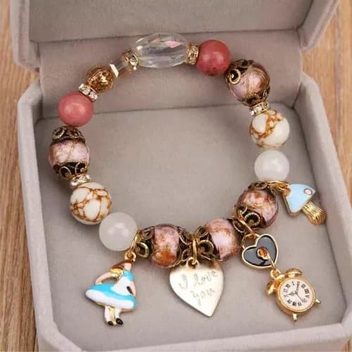 Gold Love heart Clock Mushroom Moonstone Stretch Bracelet Womens Girls Gifts UK