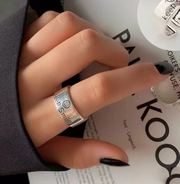 Vintage 925 Sterling Silver PLT Smile Face Adjustable Ring Womens Jewellery Gift