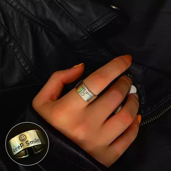 Vintage 925 Sterling Silver PLT Smile Face Adjustable Ring Womens Jewellery Gift