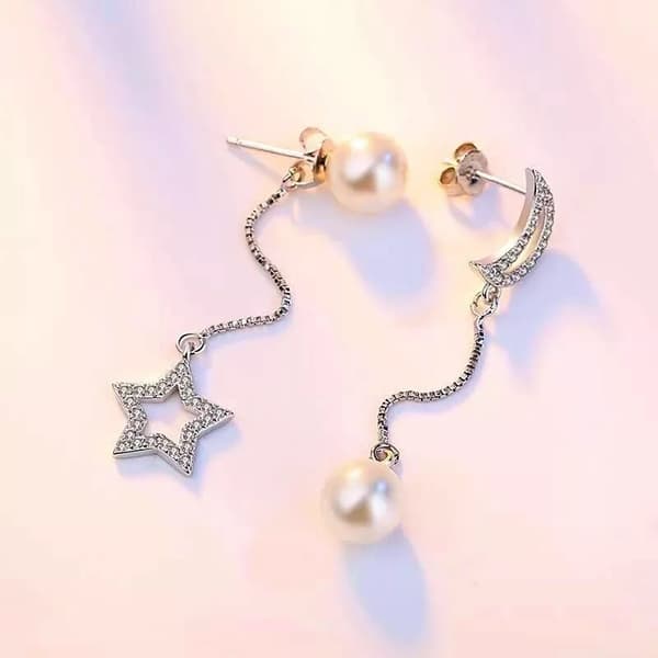 Pearl Moon Star Chain Drop Stud 925 Sterling Silver Earrings Womens Jewellery UK
