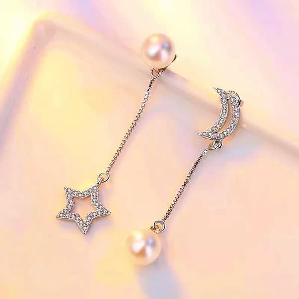 Pearl Moon Star Chain Drop Stud 925 Sterling Silver Earrings Womens Jewellery UK