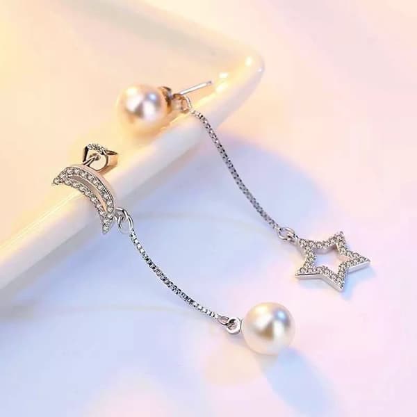 Pearl Moon Star Chain Drop Stud 925 Sterling Silver Earrings Womens Jewellery UK