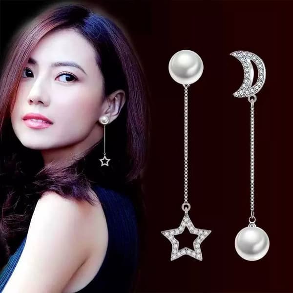 Pearl Moon Star Chain Drop Stud 925 Sterling Silver Earrings Womens Jewellery UK