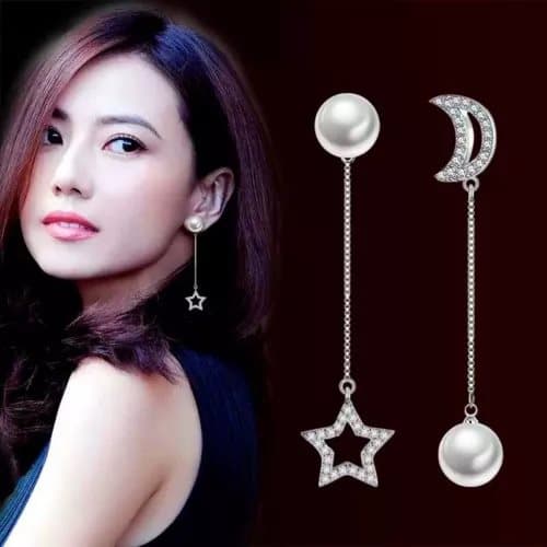 Pearl Moon Star Chain Drop Stud 925 Sterling Silver Earrings Womens Jewellery UK