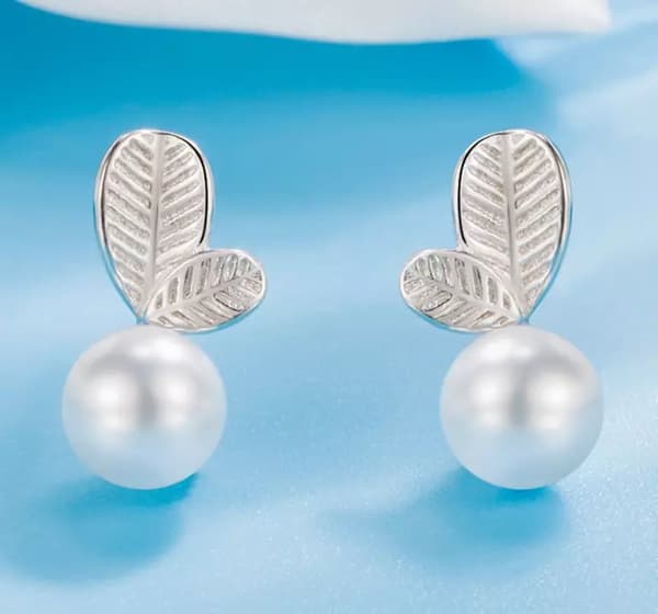 925 Sterling Silver Heart Leaf Pearl Drop Ear Stud Earrings Women Lady Jewellery